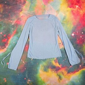 Blue Mesh Top Long Sleeve Tie Cuff Lettuce Hem See‎ Through Layering